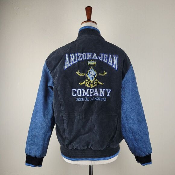 VTG Arizona Jean Company Jacket Kids 14 16 Black Suede Varsity Color Block 90s - Picture 3 of 9